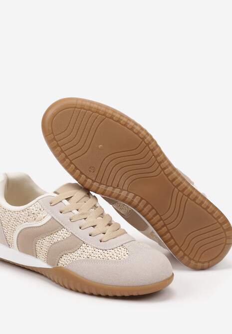 Ciemnobeżowe Sneakersy z Ozdobną Plecionką z Rafią Morloris