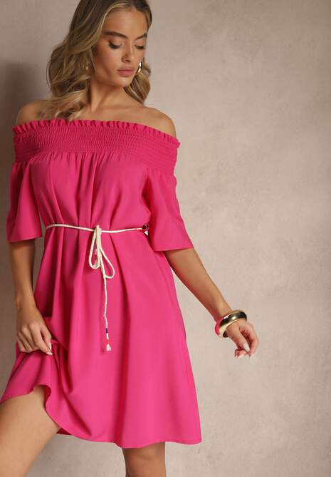 Fuksjowa Sukienka Hiszpanka z Bawełną i Wiskozą Ozdobiona Sznurkiem Lilarelle