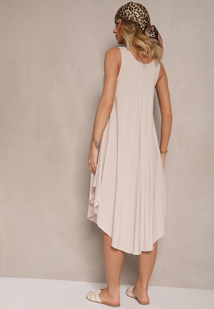 Jasnobeżowa Bawełniana Sukienka z Okrągłym Dekoltem o Rozkloszowanym Kroju Tesavette