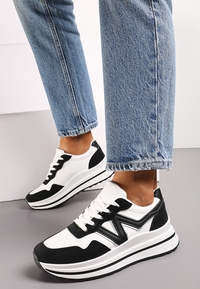 Czarne Sznurowane Sneakersy z Ekoskóry na Grubej Podeszwie Literna