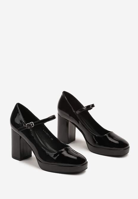 Czarne Półbuty Lakierowane na Słupku Mary Jane Ozdobione Sprzączką Kivana