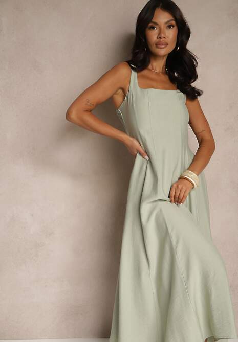 Zielona Rozkloszowana Sukienka z Wiskozy Ozdobiona Kwadratowym Dekoltem Avledia