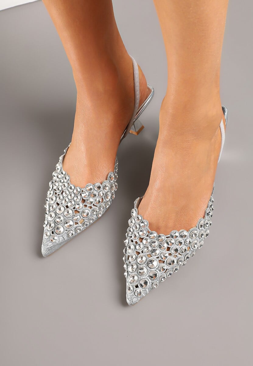 Srebrne Sandały z Kryształkami na Obcasie Kaczuszka Lenavia