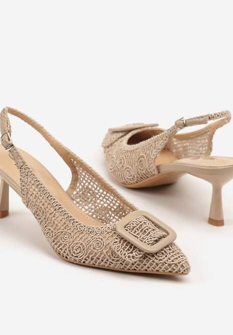 Ciemnobeżowe Sandały na Kaczuszce Typu Slingback z Klamrą Talimea