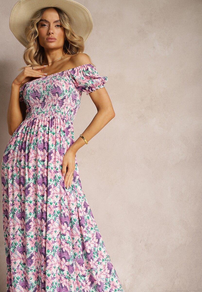 Fioletowo-Różowa Hiszpanka Sukienka o Rozkloszowanym Kroju i Gumkami przy Dekolcie Kaseria