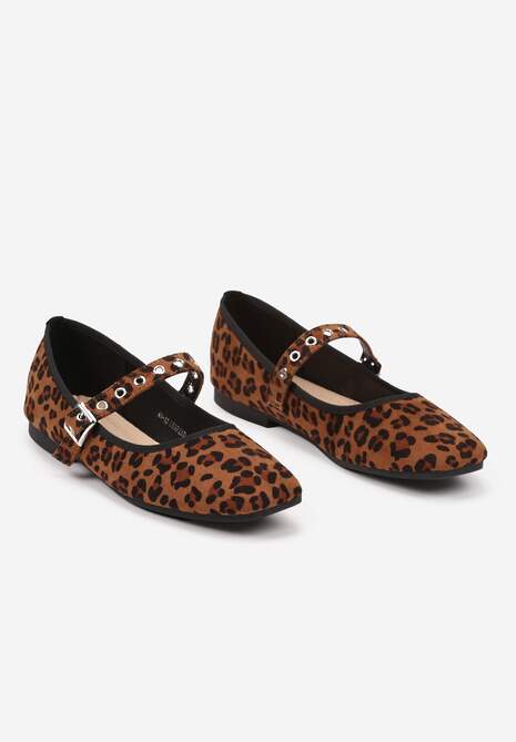 Brązowe Ekozamszowe Balerinki w Panterkę z Kwadratowym Noskiem i Zapięciem na Sprzączkę Ittalise