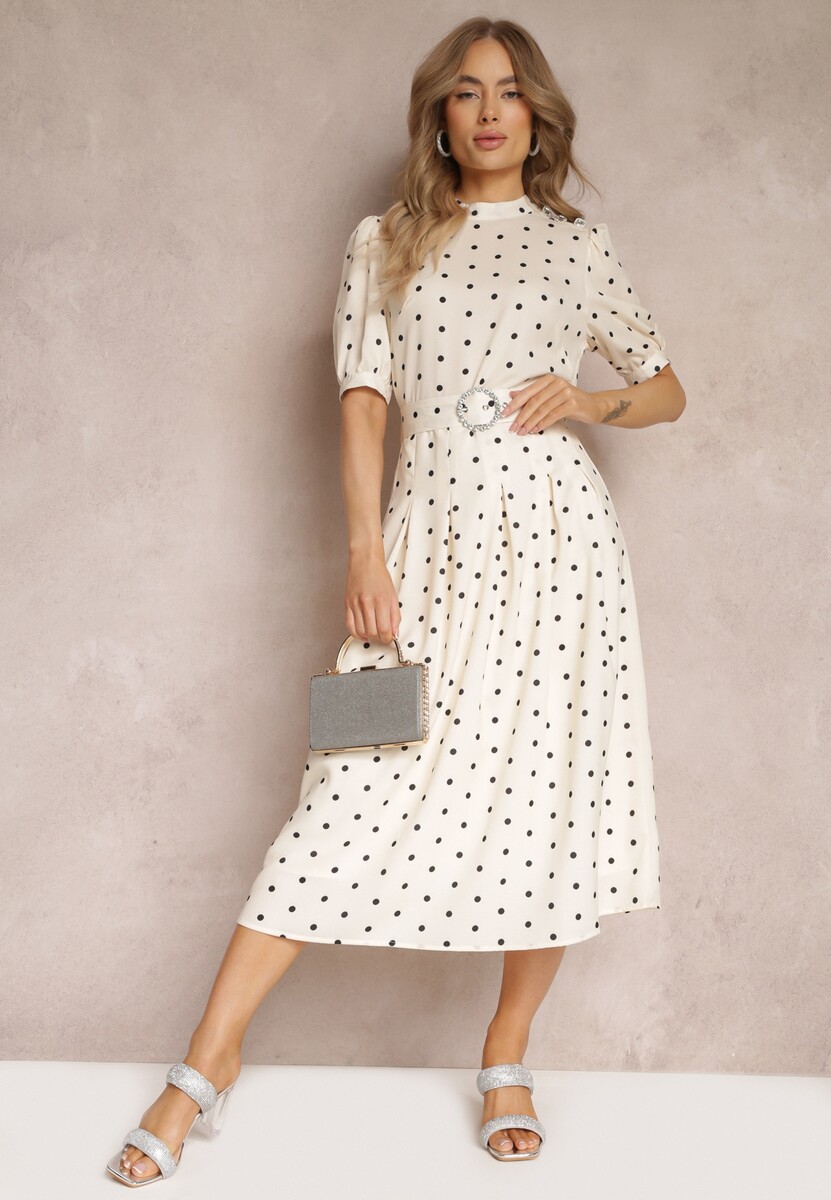 Jasnobeżowa Rozkloszowana Sukienka Midi z Gumką w Pasie i Ozdobnym Paskiem z Klamrą Abennita