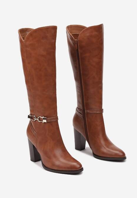 Jasnobrązowe Kozaki na Słupku Muszkieterki z Klamerką Vortilina