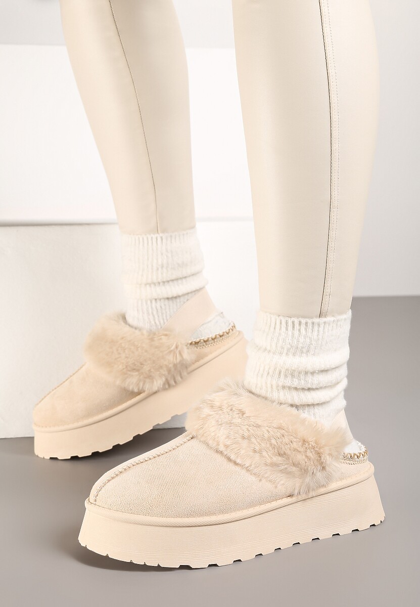 Beżowe Śniegowce na Platformie Ozdobione Futerkiem i Paskiem na Pięcie Inarine