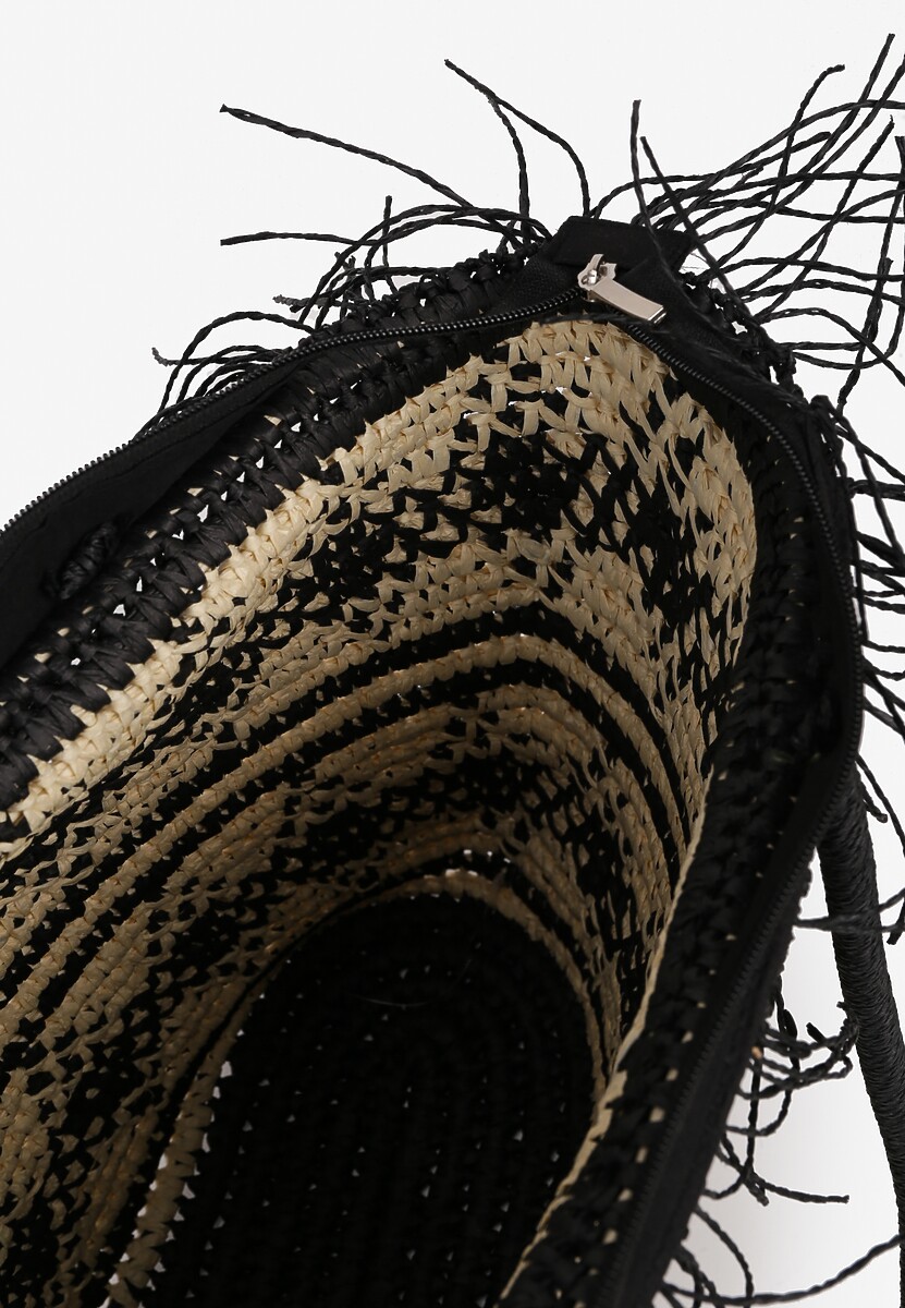 Beżowo-Czarna Torebka z Plecionki Ozdobiona Frędzlami Zapinana na Zamek Błyskawiczny Timazella