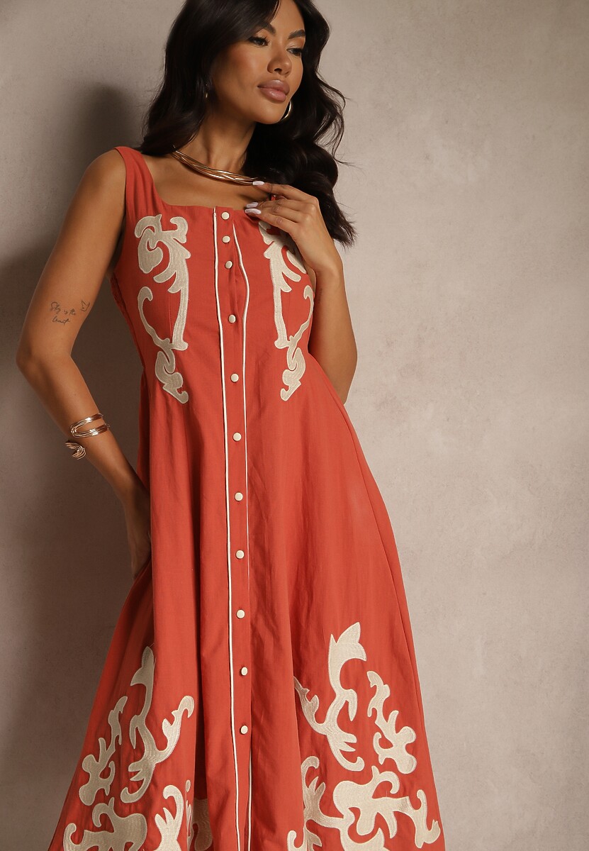 Pomarańczowa Bawełniana Sukienka z Guzikami i Haftami Milonellea