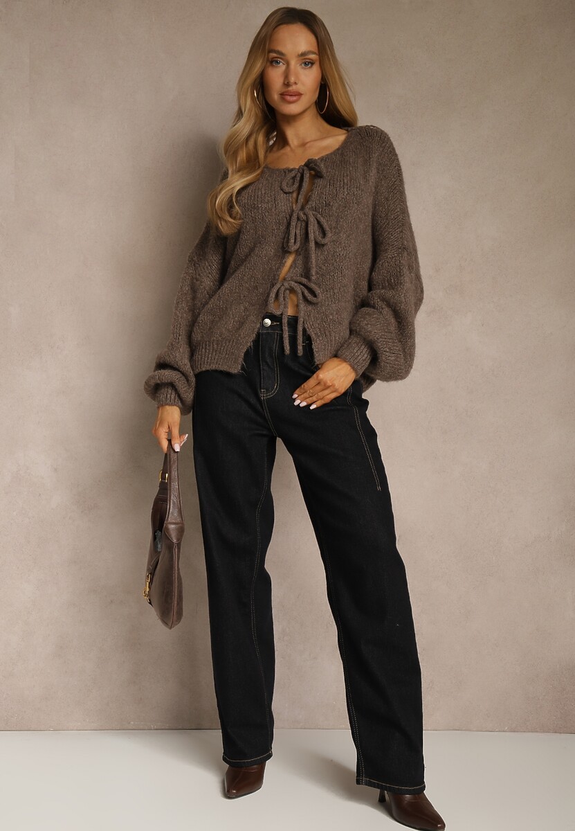 Jasnobrązowy Kardigan z Wełną o Kroju Oversize z Wiązanymi Kokardami Elearina