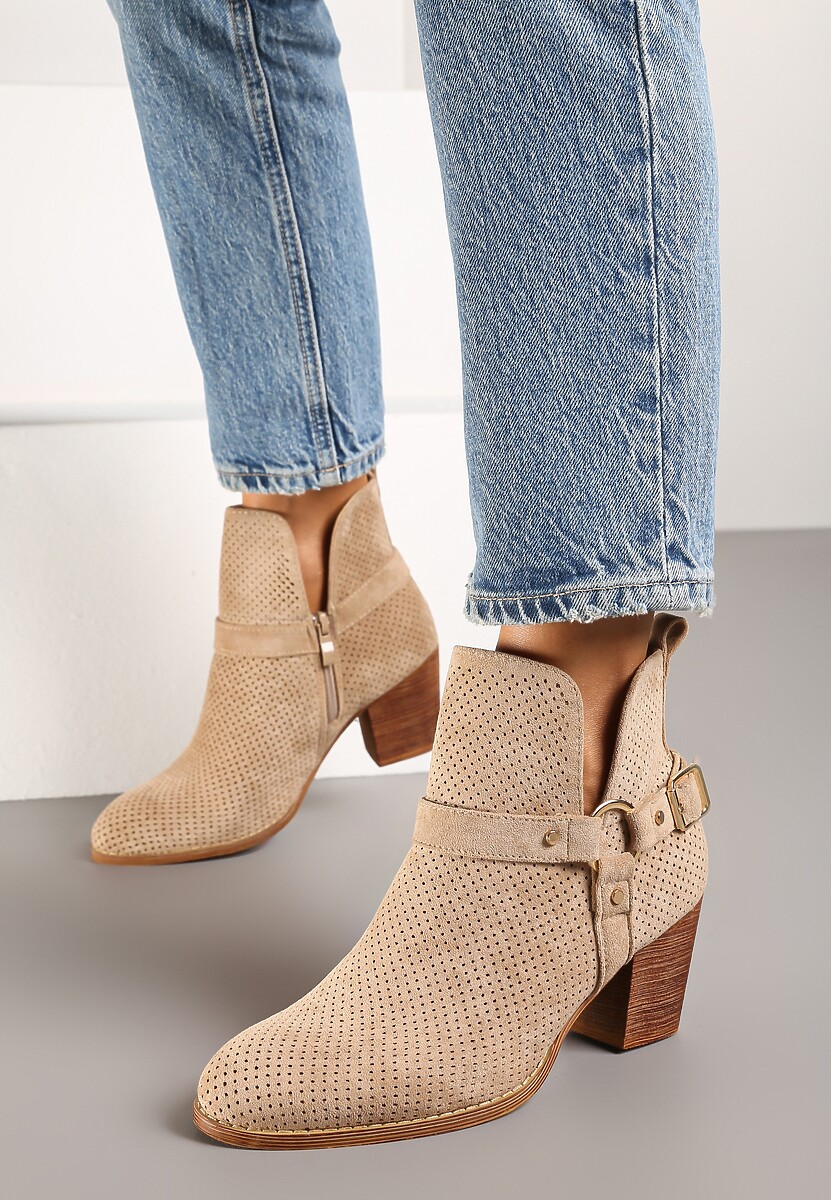 Ciemnobeżowe Botki Kowbojki Vices na Słupku z Klamrą Falfedi