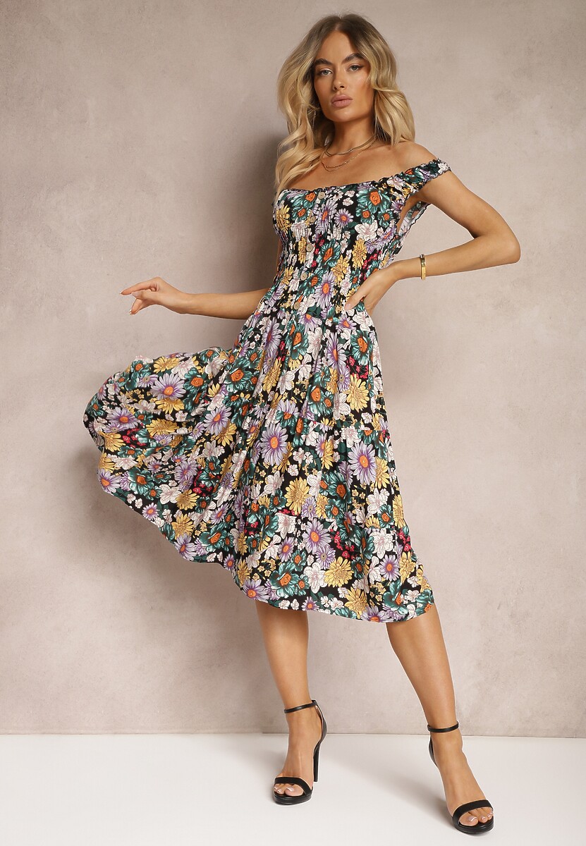 Czarno-Żółta Sukienka z Gumką w Pasie na Ramiączkach z Falbankami w Kwiaty z Ozdobnymi Guzikami Arcovia