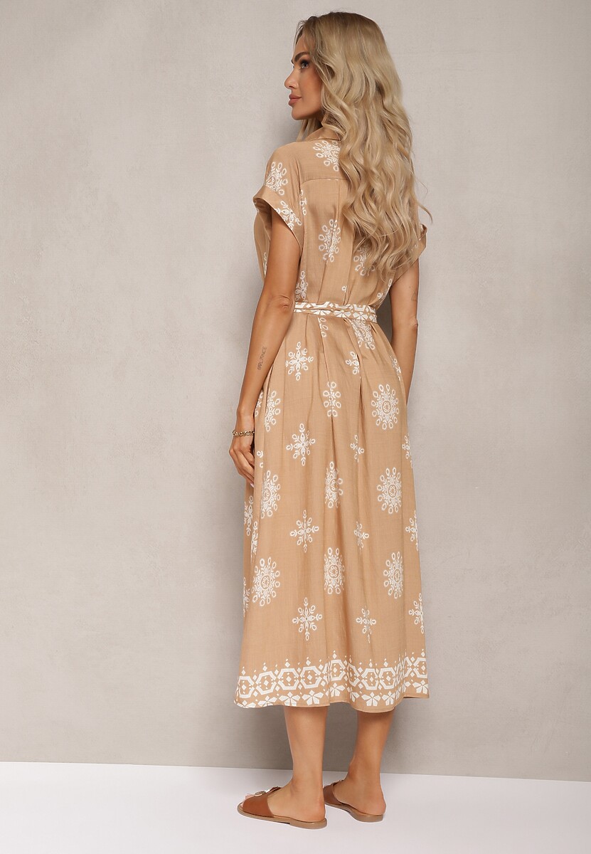 Beżowa Sukienka z Dodatkiem Wiskozy o Kroju Koszulowym Wykończona Paskiem i Guzikami Mivavia