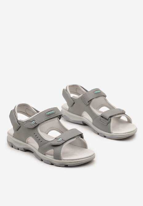 Szaro-Miętowe Sportowe Sandały na Płaskiej Podeszwie ze Skórzaną Wkładką Zapinane na Rzep Frailla