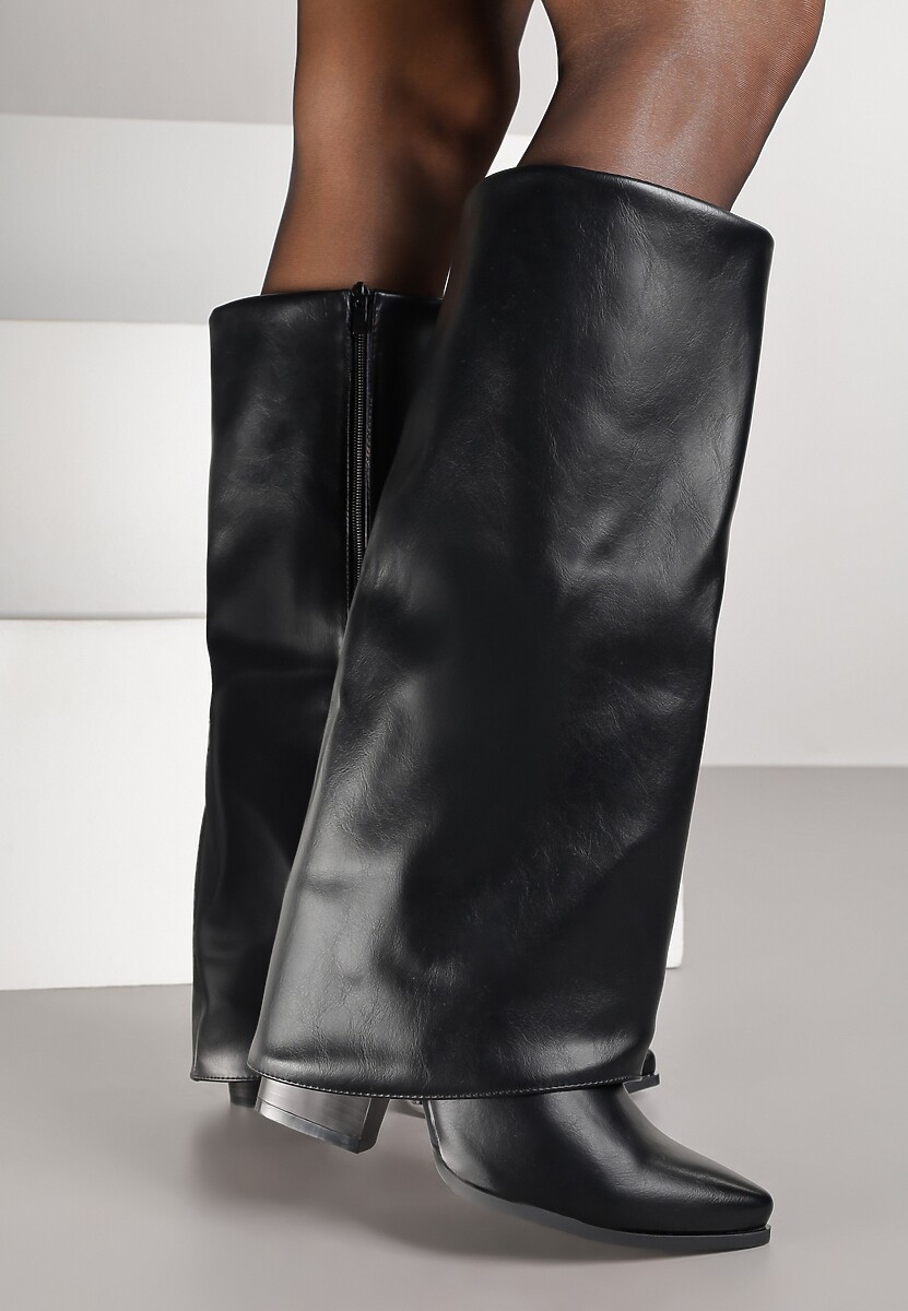 Czarne Kozaki Kowbojki na Stożkowym Obcasie Ozdobione Wywiniętą Cholewką Nalunisa