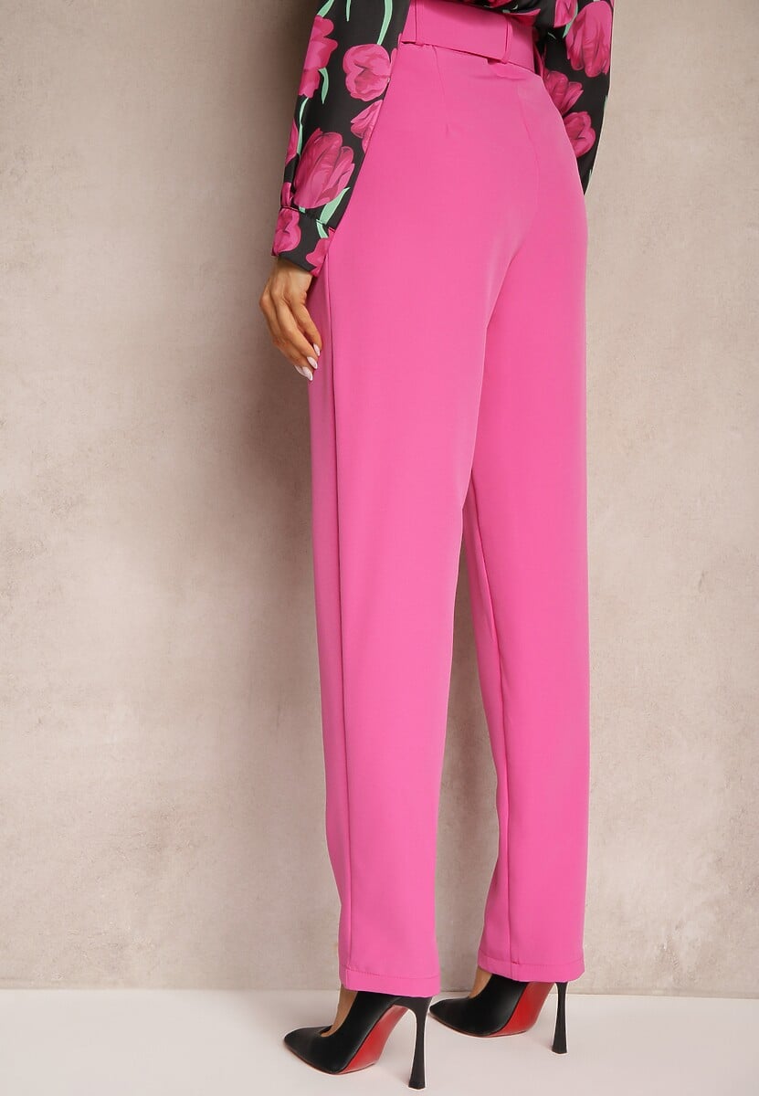Ciemnoróżowe Spodnie Garniturowe High Waist z Paskiem Wenus
