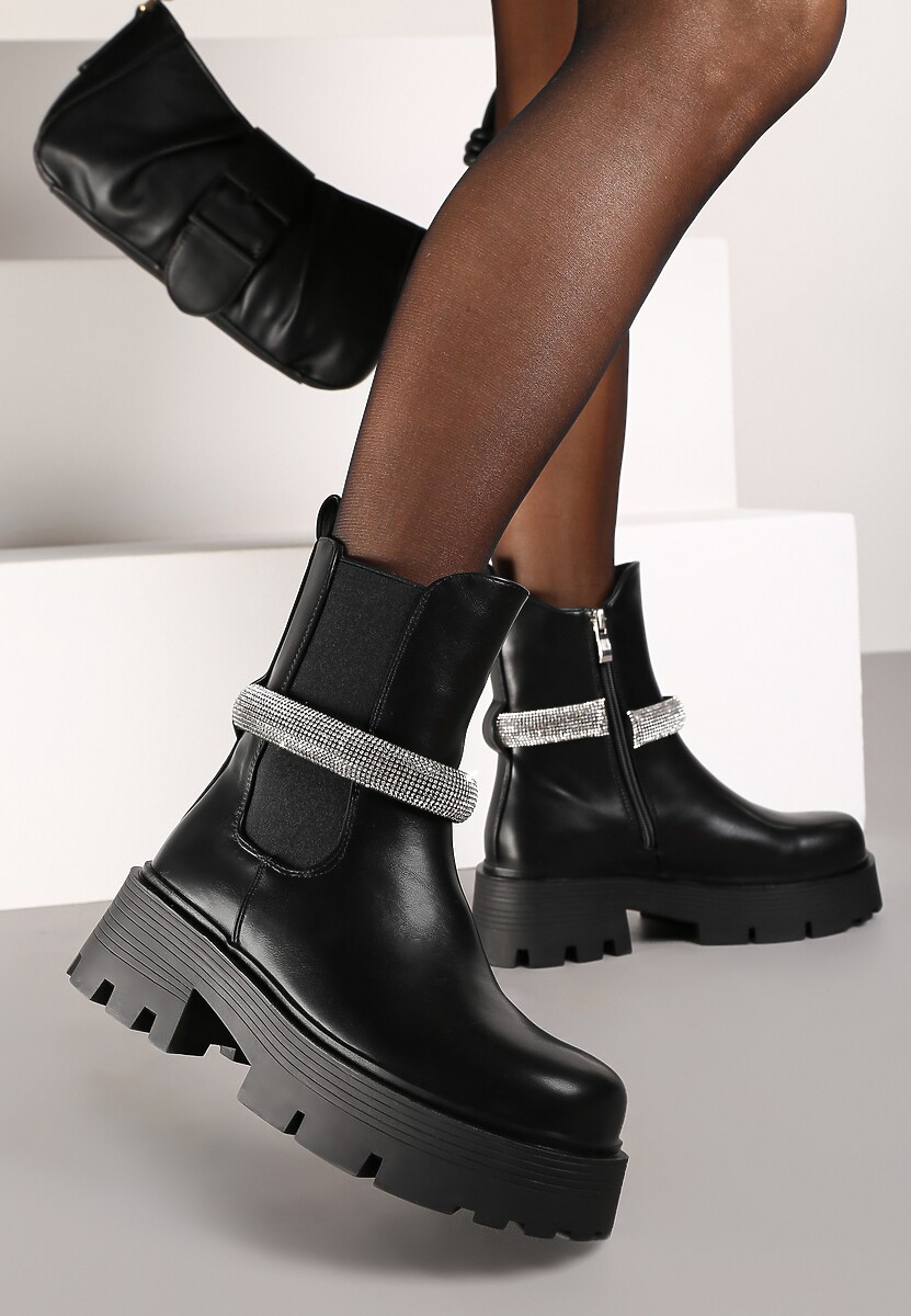 Czarne Botki Sztyblety na Platformie Ozdobione Paskiem z Cyrkonii Zinlera