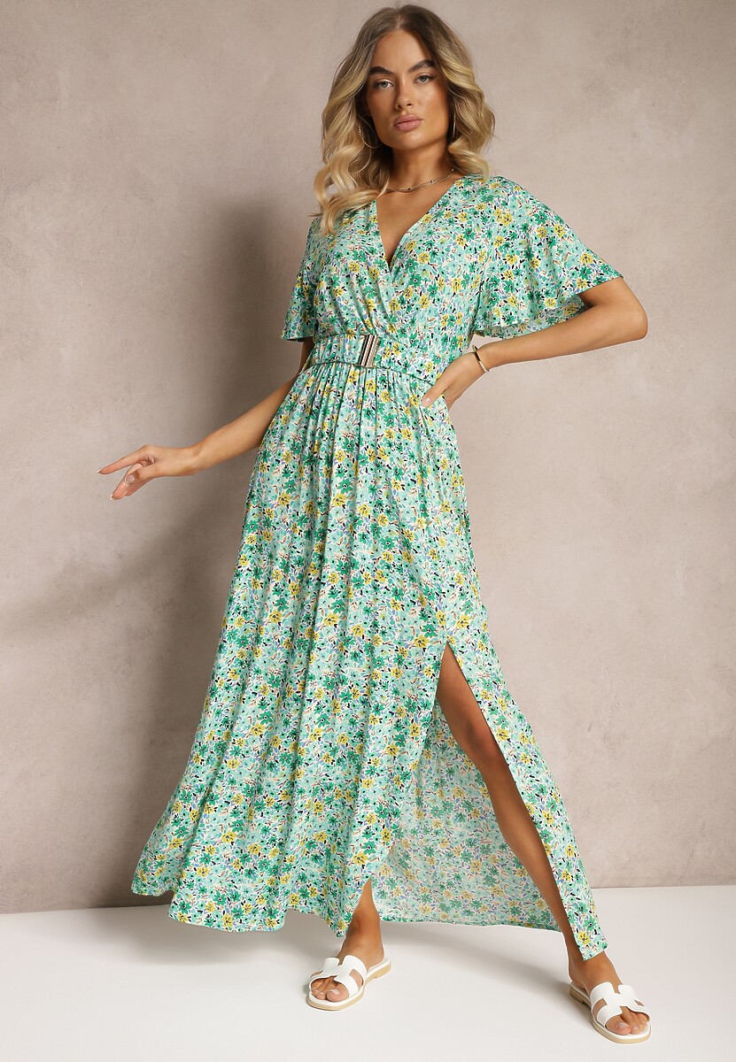 Zielona Kopertowa Sukienka z Wiskozy z Materiałowym Paskiem i Gumką w Talii z Rozcięciem Vikali