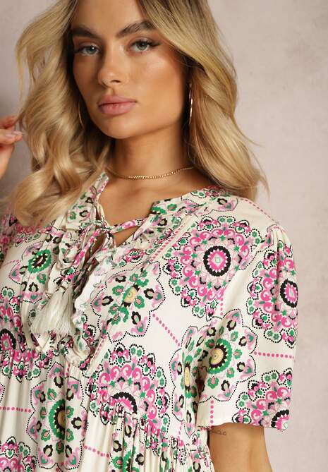 Różowa Sukienka z Wiskozowej Tkaniny w Mozaikowy Wzór Boho Naviera