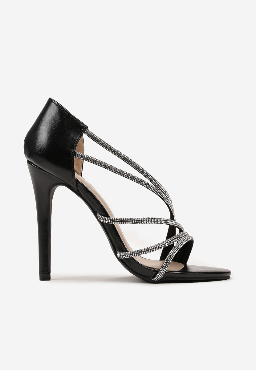 Czarne Asymetryczne Sandały na Szpilce Zdobione Cyrkoniami Aarnia