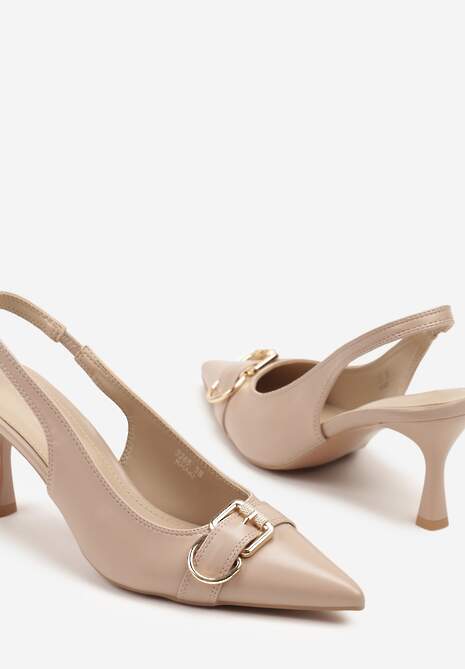 Ciemnobeżowe Sandały na Szpilce Slingback Ozdobione Metaliczną Klamrą Zeornna