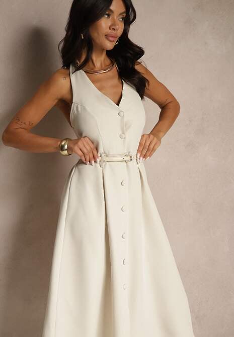 Biała Rozkloszowana Sukienka z Guzikami Folunira