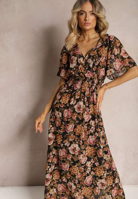 Czarno-Beżowa Sukienka z Kopertowym Dekoltem z Gumką w Talii i Metaliczną Nicią Sollas