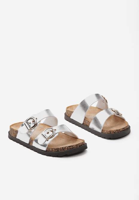 Srebrne Klapki z Regulowanymi Paskami i Korkową Podeszwą Satriga