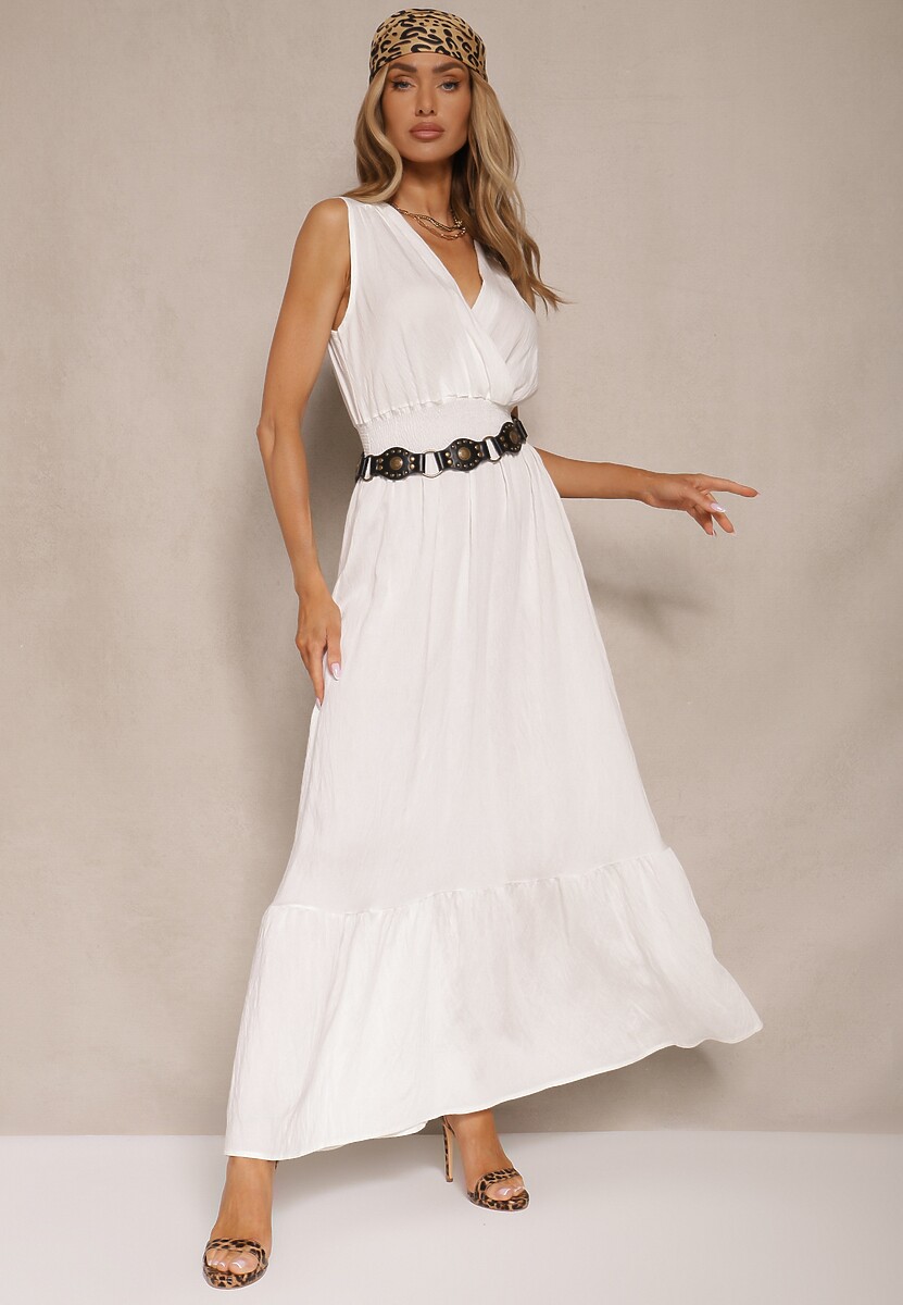 Biała Rozkloszowana Sukienka o Kopertowym Fasonie z Gumką w Talii Filadira