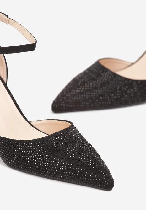 Czarne Brokatowe Czółenka na Słupku z Cyrkoniami Zannin