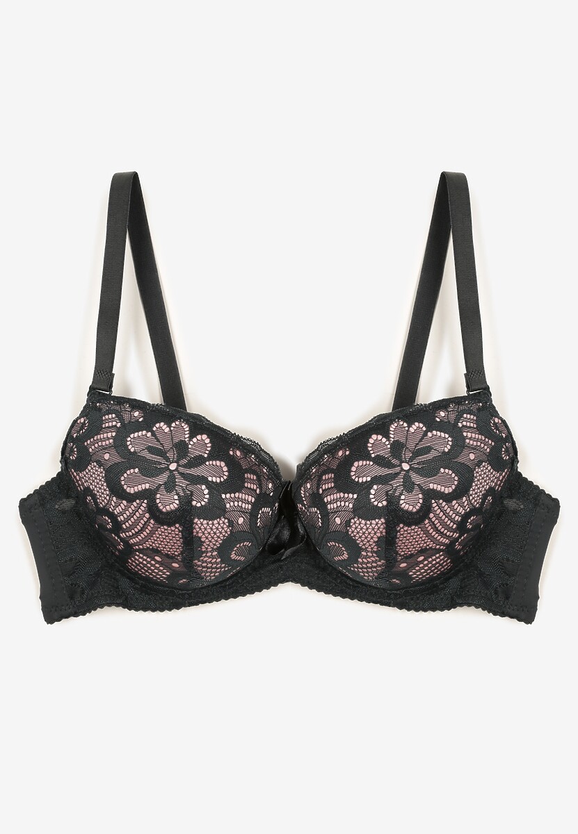 Ciemnozielony Biustonosz Push Up z Koronkowym Zdobieniem Ravgis