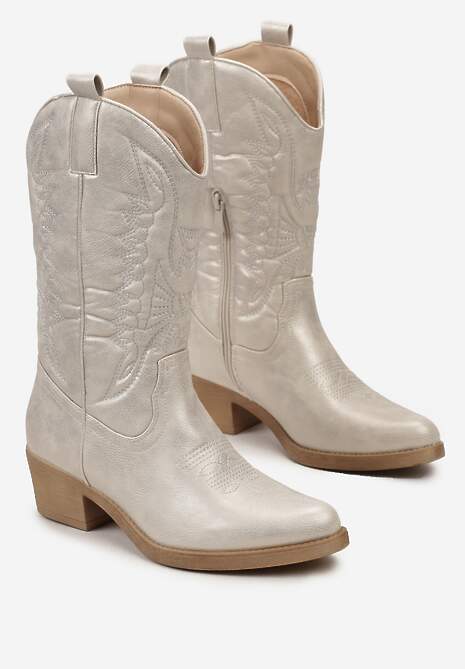 Srebrne Botki Kowbojki na Niskim Słupku z Ozdobnym Haftem Infavia