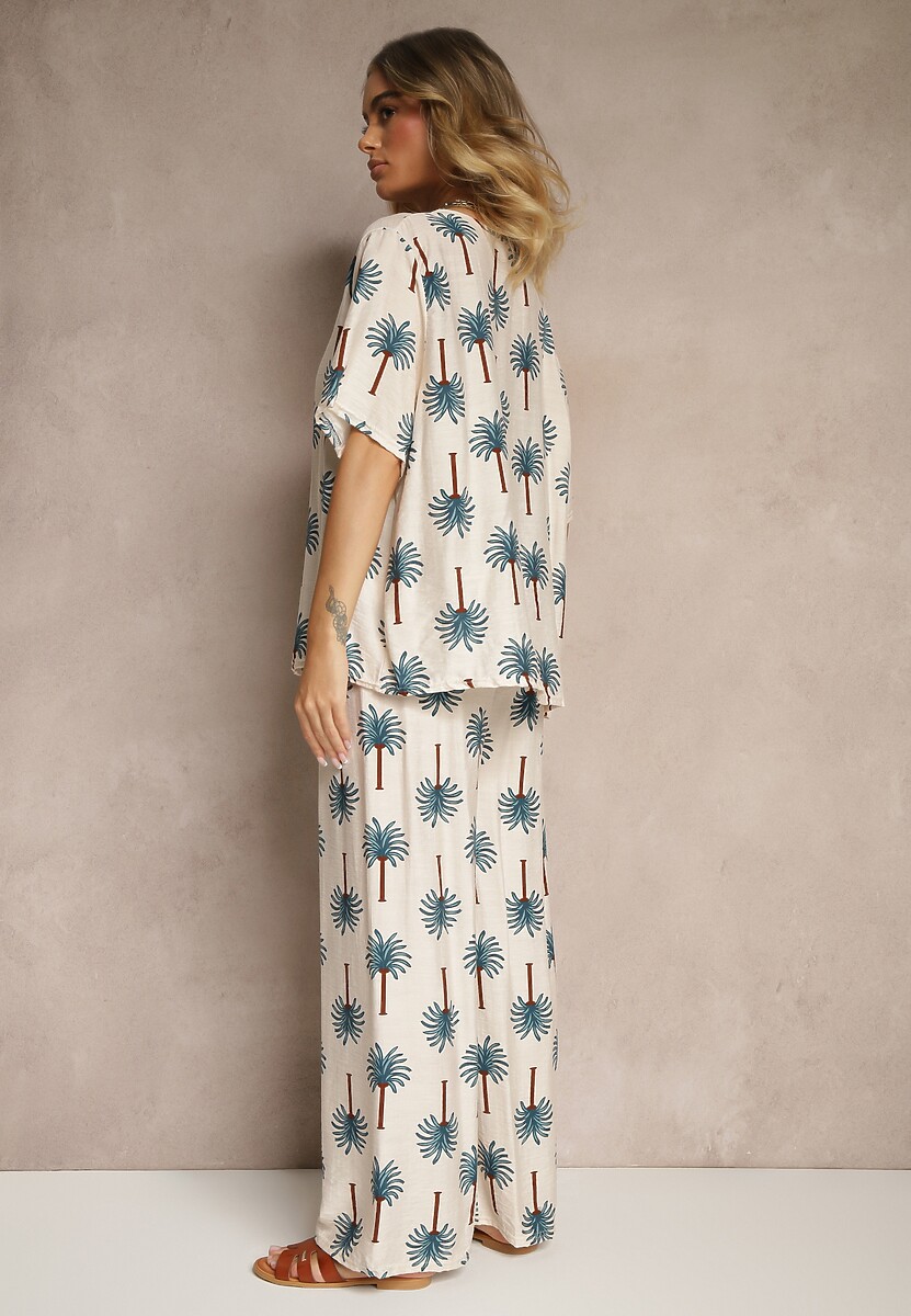 Niebieski Komplet z Wiskozy Zdobiony Printem w Palmy Szerokie Spodnie i T-shirt Zioleana