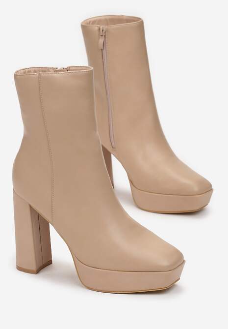 Beżowe Botki z Kwadratowym Noskiem na Słupku i Platformie Nopemia