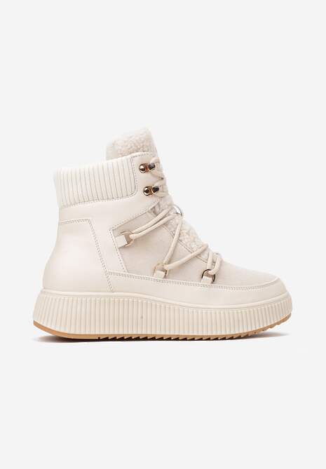 Beżowe Śniegowce Trapery Vices na Płaskiej Podeszwie z Futerkiem w Stylu Baranka ze Sznurowaniem Temirits