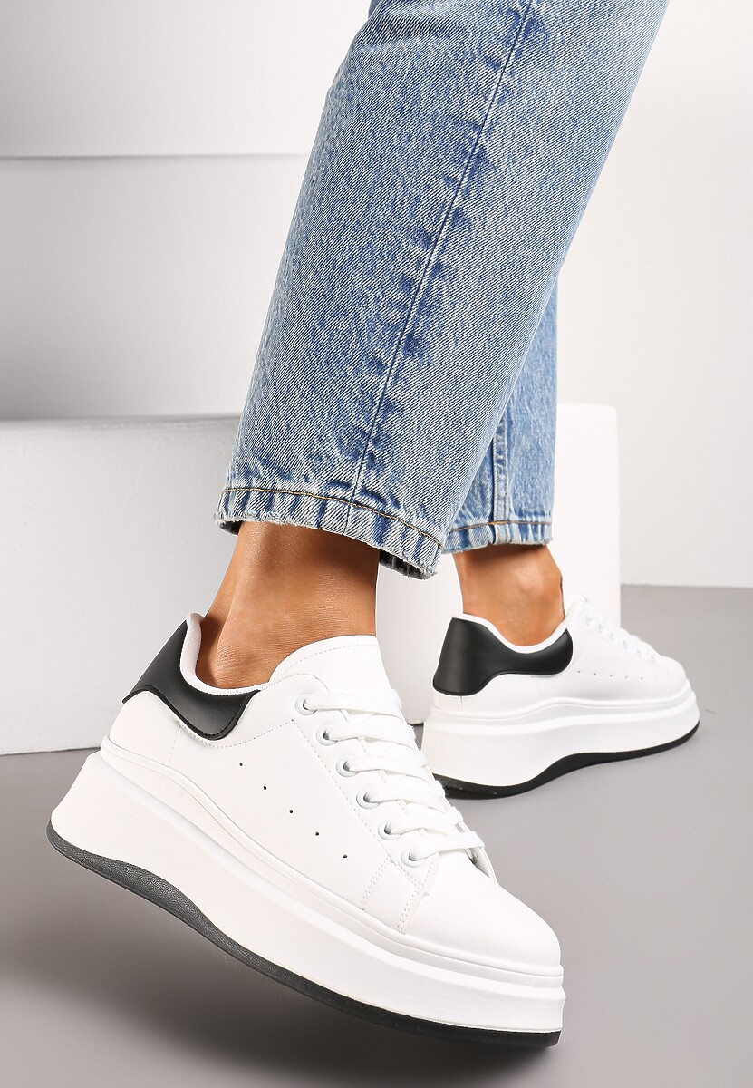 Biało-Czarne Sznurowane Sneakersy z Imitacji Skóry na Platformie Filamena