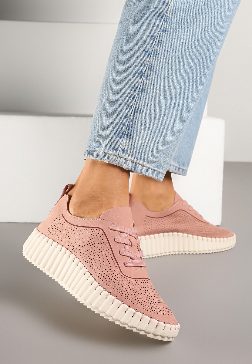 Różowe Sneakersy na Tłoczonej Platformie z Ażurową Cholewką Ronfira