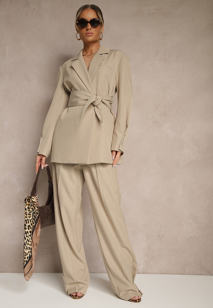 Beżowa Dwurzędowa Marynarka z Geometrycznym Wiązanym Paskiem Lanniva