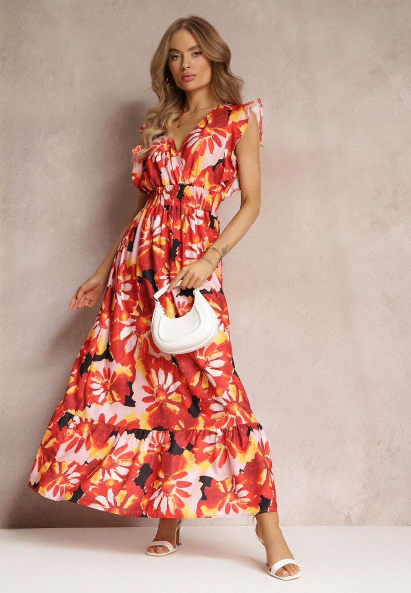 Czerwona Rozkloszowana Sukienka w Kwiaty z Gumką w Pasie Viente