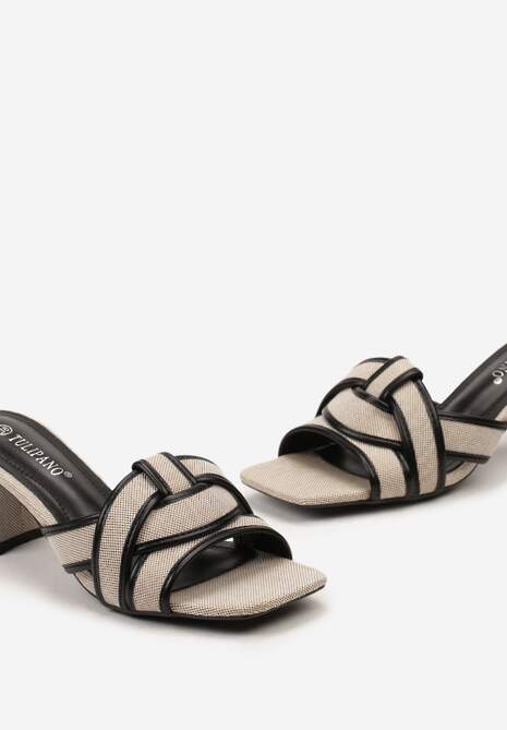 Beżowo-Czarne Klapki na Powlekanym Słupku ze Splątanym Paskiem Aheloria