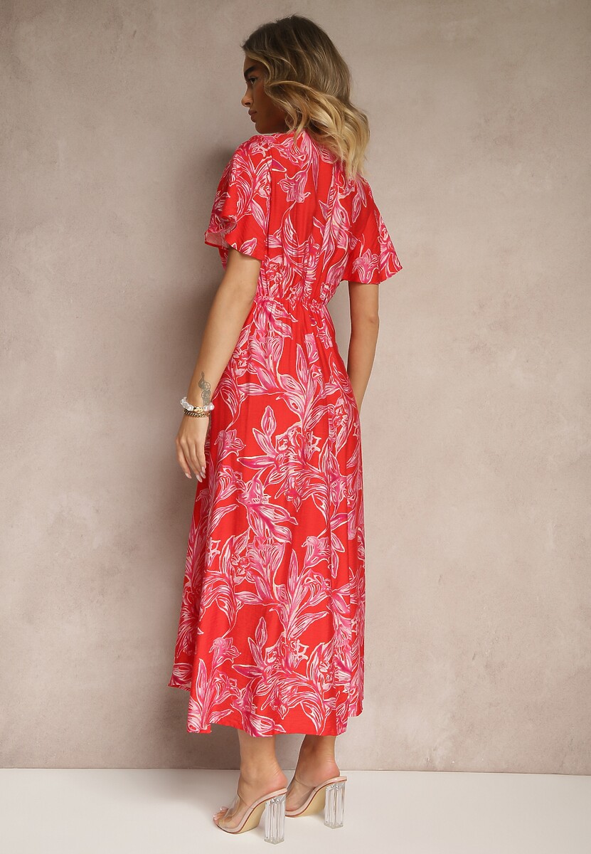 Czerwona Wiskozowa Sukienka z Marszczeniem i Abstrakcyjnym Wzorem Lanittra