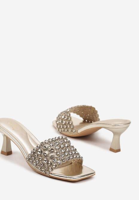 Złote Klapki na Niskim Obcasie z Eleganckimi Cyrkoniami Hekkaria