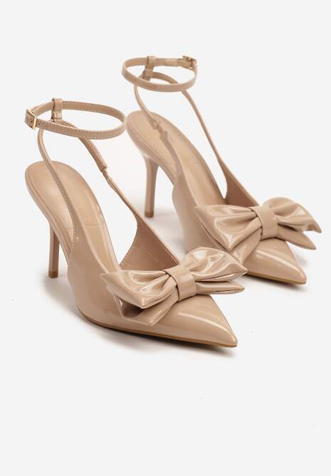 Ciemnobeżowe Sandały na Szpilce Vices z Dużą Kokardką Bez Pięty Velozia