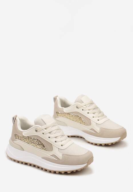 Beżowe Sneakersy z Noskiem z Siateczki i Wstawką Cekinową Tilrialls