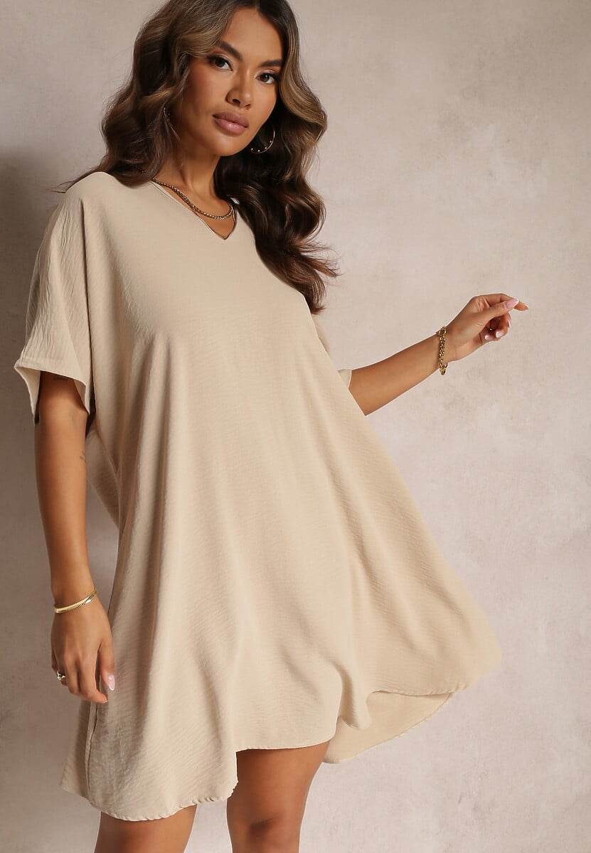 Beżowa Sukienka o Kroju Nietoperza z Ozdobnym Wiązaniem na Plecach Cylean