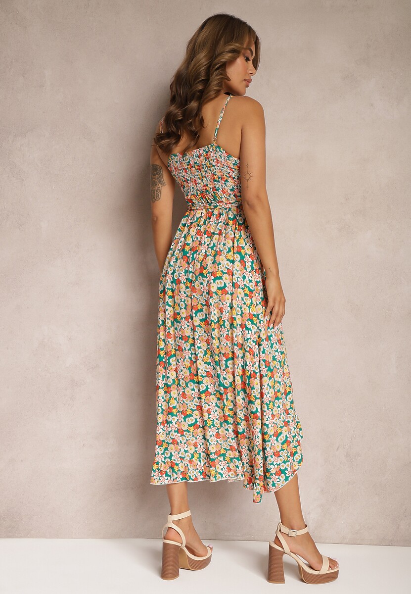 Zielono-Różowa Sukienka z Bawełny na Ramiączkach z Asymetrycznym Rozcięciem i Dekoltem w Serek Milloa