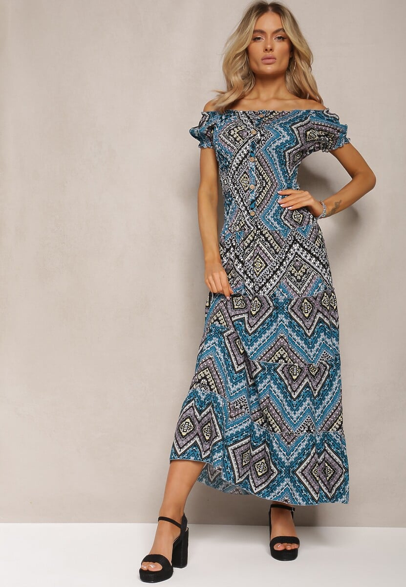 Ciemnozielona Sukienka Hiszpanka Boho z Bawełny z Gumką w Talii Lovedia