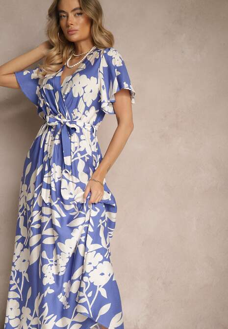 Niebieska Wiskozowa Sukienka Rozkloszowana w Kwiaty z Paskiem Flornelia